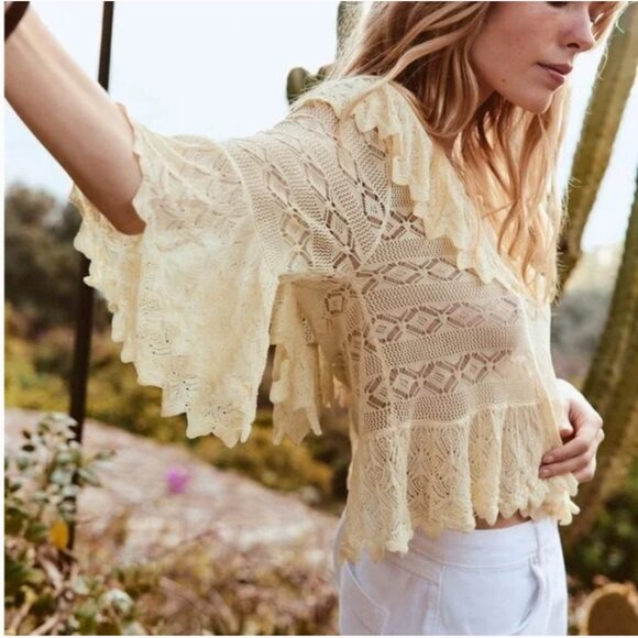 ZARA POINTELLE KNIT RUFFLED BLOUSE NWT - Picture 3 of 6